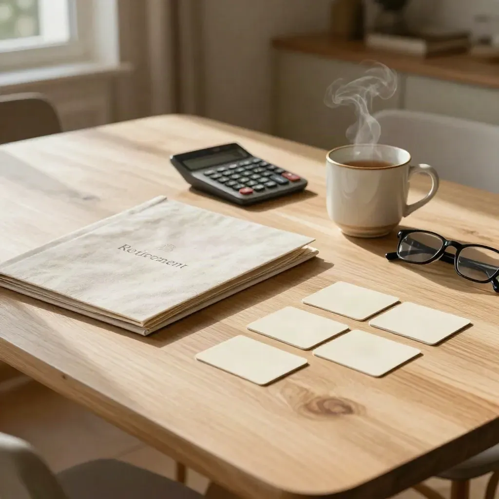 Sunlit dining table with retirement folder, calculator, mug, glasses, and a card timeline