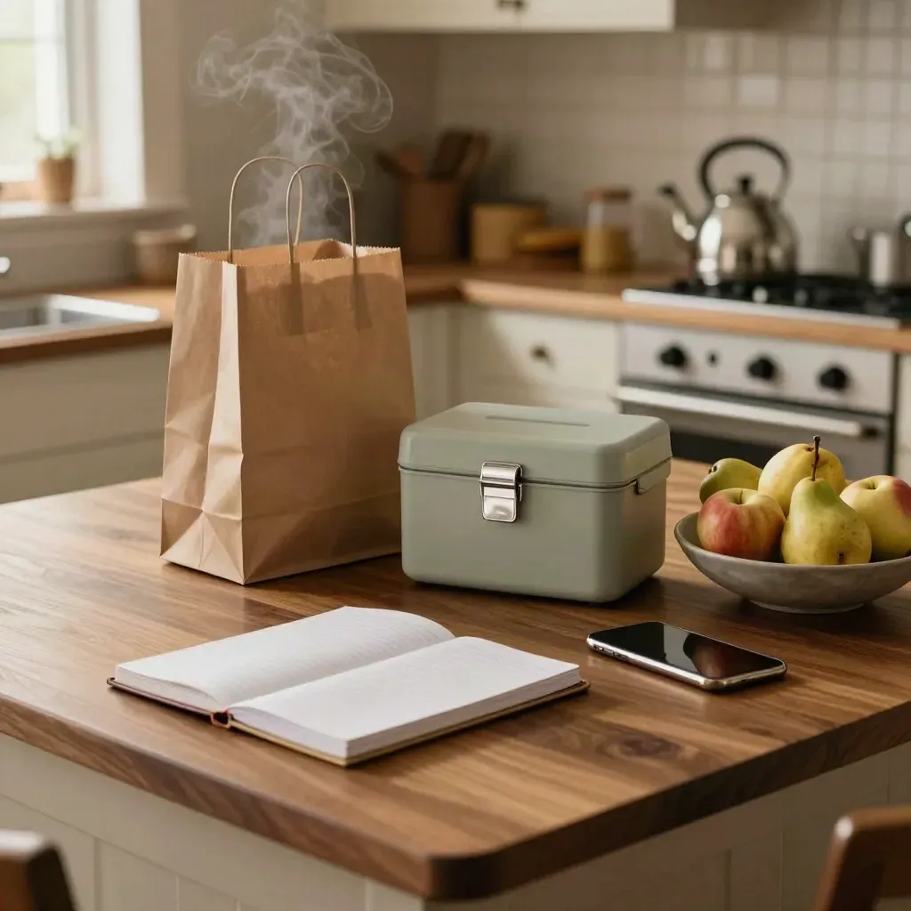 Kitchen island still life with notebook, grocery bag, lunchbox, fruit bowl and phone in warm evening light
