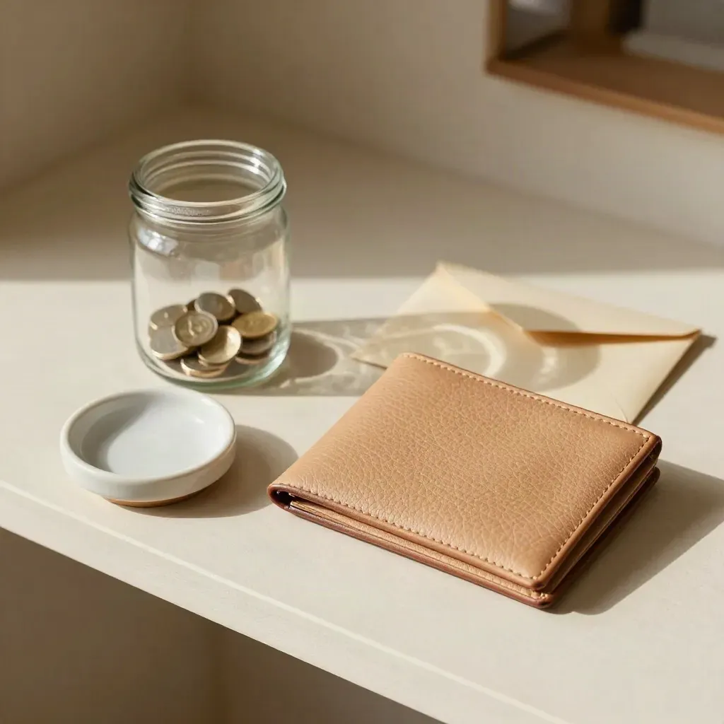 Top-down savings still life with jar, wallet, coin dish and folded envelope on a pale shelf.