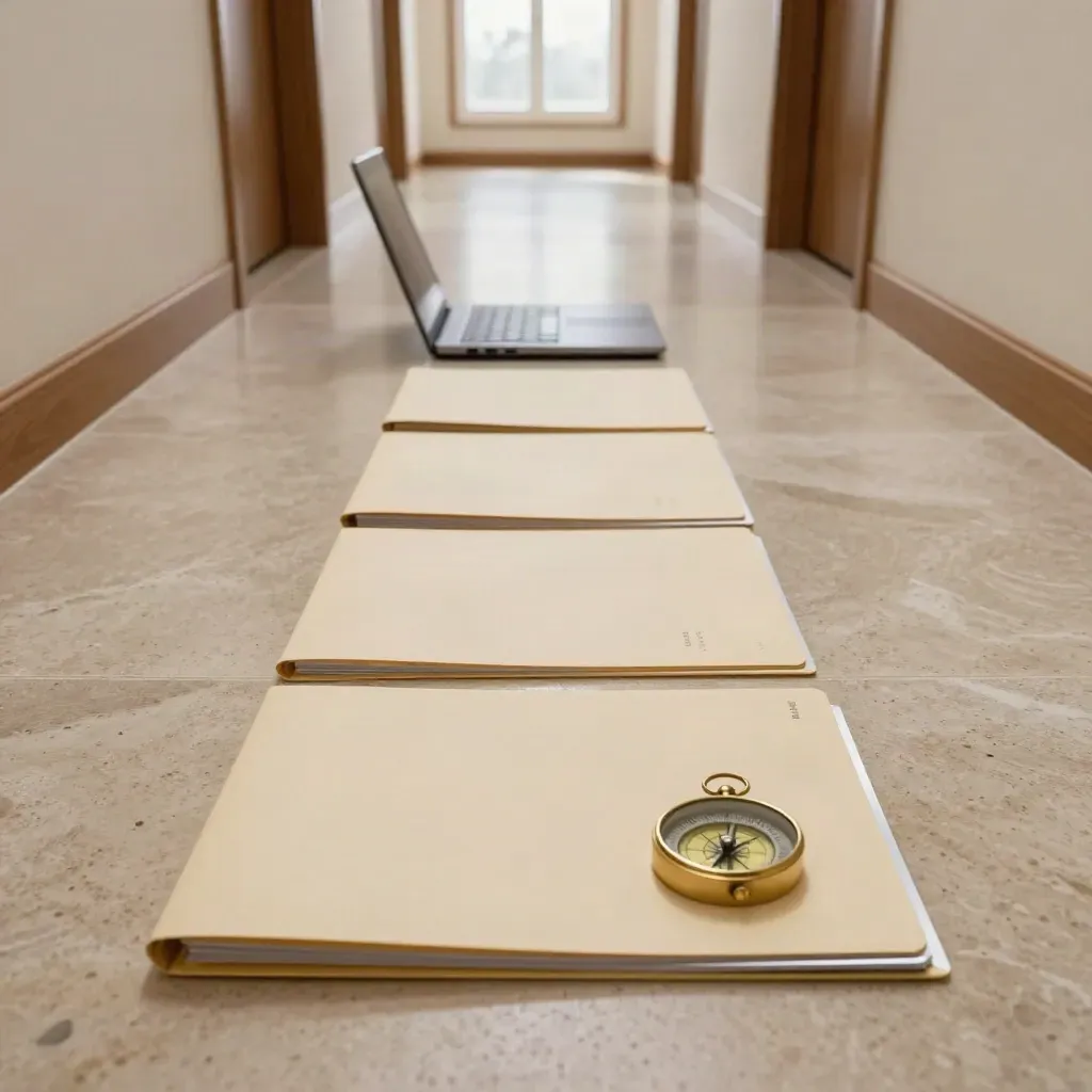 Travertine hallway with folders, brass compass and closed laptop leading toward bright window.