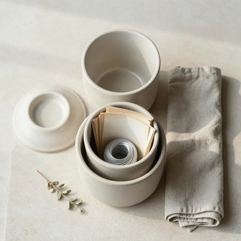 Overhead still life of nested ceramic pots, folded cloth, and a sprig on pale stone.